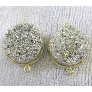 metallic quartz druzy connector, flat-round, silver electroplated, approx 20mm dia [GMPDA2667]