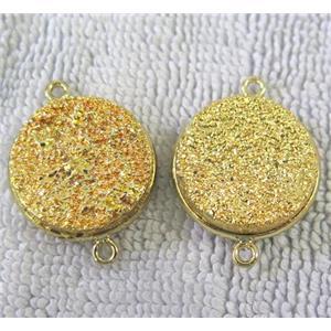 metallic quartz druzy connector, flat-round, golden electroplated, approx 20mm dia [GMPDA2668]
