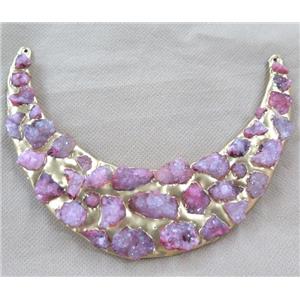 pink quartz druzy pendant, copper, crescent, gold plated, approx 10-14cm [GMPDA2682]