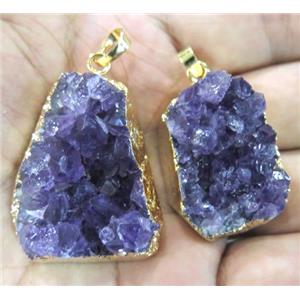 Uruguayan Amethyst Druzy Cluster Pendant, ametist, freeform, gold plated, approx 20-30mm [GMPDA2692]