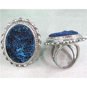 blue electroplated druzy agate ring, oval, approx 22x30mm, 19.5mm dia [GMRG050]