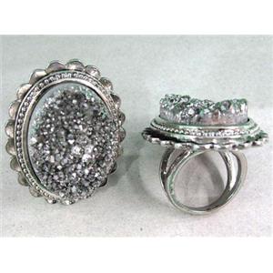 silver electroplated druzy agate ring, oval, approx 22x30mm, 19.5mm dia [GMRG052]