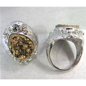 gold electroplated druzy agate ring, teardrop, approx 13x17mm, 19.5mm dia [GMRG054]