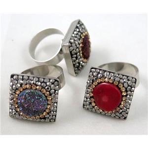 mixed gemstone ring paved rhinestone, platinum plated, approx 20x20mm, 18mm dia [GMRG133]