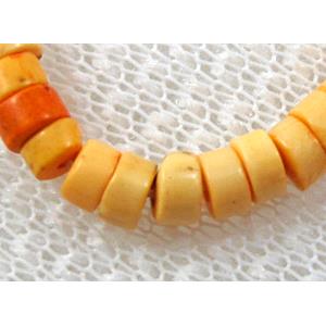 Turquoise heishi bead, yellow dye, 4-4.5mm dia,approx 2.5mm thick.16 inchlength [GMRON08]