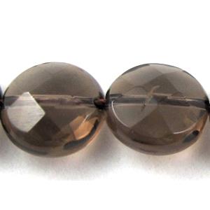 Smoky Quartz beads, faceted flat round, 12mm dia, approx 34pcs per st, grade A [GMSCQ03]