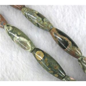 natural Rhyolite beads, green, rice-shaped, approx 10x30mm [GMSRJ13]