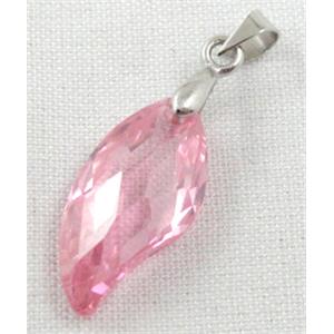 Cubic Zirconia leaf pendant, pink, 10x20mm [GMZ04C04]