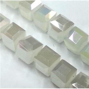 Chinese crystal glass bead, faceted cube, white jade AB color, approx 6x6x6mm, 100pcs per st [GSICC124]