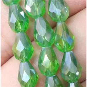 Chinese crystal glass bead, faceted teardrop, green AB color, approx 10x15mm, 50pcs per st [GSICC135-10X15MM]