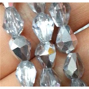 Chinese crystal glass bead, faceted teardrop, half silver plated, approx 10x15mm, 50pcs per st [GSICC136-10X15MM]