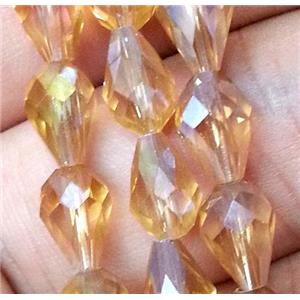 Chinese crystal glass bead, faceted teardrop, gold champagne AB color, approx 8x12mm, 60pcs per st [GSICC139-8X12MM]