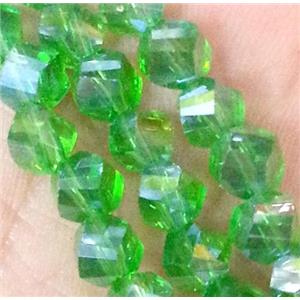 Chinese crystal glass bead, swiring cut, green, approx 4mm dia, 150pcs per st [GSICC151-4MM]