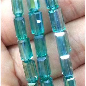 Chinese crystal glass bead, faceted cuboid, peacock AB color, approx 4x4x8mm, 50pcs per st [GSICC169]