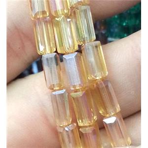 Chinese crystal glass bead, faceted cuboid, gold champagne AB color, approx 4x4x8mm, 50pcs per st [GSICC170]