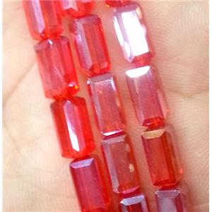 Chinese crystal glass bead, faceted cuboid, red AB color, approx 4x4x8mm, 50pcs per st [GSICC171]