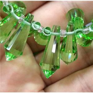 Chinese crystal glass bead, faceted teardrop, green, approx 8x20mm, 100pcs per st [GSICC219]