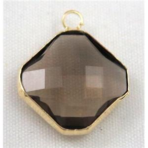 smoky Chinese crystal glass pendant, faceted square, gold plated, approx 16x16mm [GSICC576-16MM]
