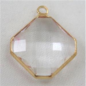 clear Chinese crystal glass pendant, faceted square, gold plated, approx 14x14mm [GSICC579-14MM]