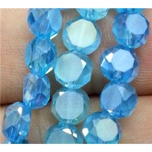 Chinese crystal glass bead, faceted flat round, aqua, approx 4mm dia, 100pcs per st [GSICC83]