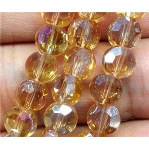Chinese crystal glass bead, faceted flat round, deep yellow AB color, approx 6mm dia, 72pcs per st [GSICC89]