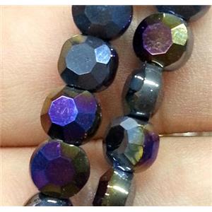 Chinese crystal glass bead, faceted flat round, black AB color, approx 6mm dia, 72pcs per st [GSICC92]