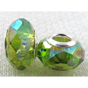 crystal glass beads, faceted rondelle, green AB-Color, approx 14mm dia, 8mm thin, hole: 4.7mm [GSPB32AB]