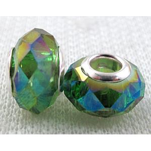 crystal glass beads, faceted rondelle, green AB-Color, approx 14mm dia, 8mm thin, hole: 4.7mm [GSPB33AB]