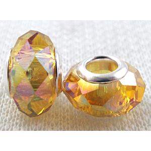 crystal glass beads, faceted rondelle, golden AB-Color, approx 14mm dia, 8mm thin, hole: 4.7mm [GSPB35AB]