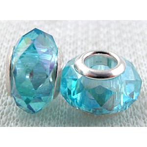 crystal glass beads, faceted rondelle, aqua AB-Color, approx 14mm dia, 8mm thin, hole: 4.7mm [GSPB36AB]