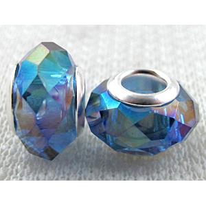 crystal glass beads, faceted rondelle, blue AB-Color, approx 14mm dia, 8mm thin, hole: 4.7mm [GSPB37AB]