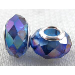 crystal glass beads, faceted rondelle, blue AB-Color, approx 14mm dia, 8mm thin, hole: 4.7mm [GSPB38AB]