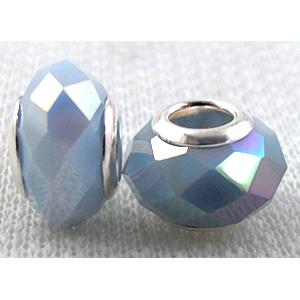 crystal glass beads, faceted rondelle, blue AB-Color, approx 14mm dia, 8mm thin, hole: 4.7mm [GSPB45AB]