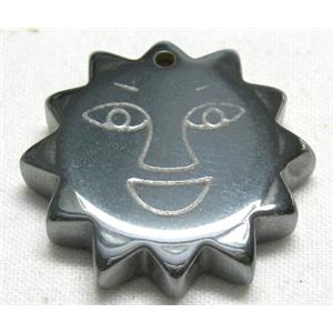 Black Hematite Sun Smile Pendant With Hole, 22mm dia [HBLP011]