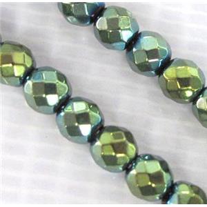 Hematite beads, no-Magnetic, faceted round, green electroplated, approx 4mm dia, 15.5inches [HBOS041-4MM]