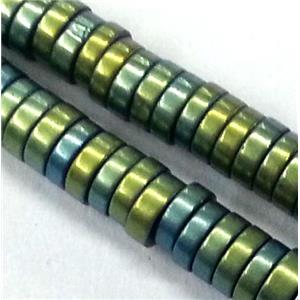 matte Hematite heishi disc beads, no-Magnetic, green electroplated, approx 4x1mm, 15.5 inches [HBOS087-4MM]