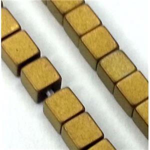 matte Hematite beads, no-Magnetic, cube, gold electroplated, approx 3x3mm, 15.5 inches [HBOS093-3X3MM]