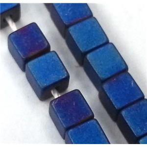 matte Hematite beads, no-Magnetic, cube, blue electroplated, approx 3x3mm, 15.5 inches [HBOS096-3X3MM]
