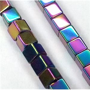 Hematite beads, no-Magnetic, cube, rainbow electroplated, approx 3x3mm, 15.5 inches [HBOS098-3X3MM]