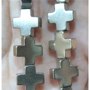 hematite beads, cross, lt.gold plated, no magnetic, approx 10x10mm, 15.5 inches [HBOS108]