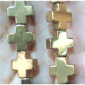 hematite beads, cross, gold plated, no magnetic, approx 10x10mm, 15.5 inches [HBOS110]