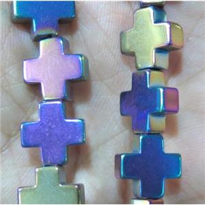 hematite beads, cross, rainbow, no magnetic, approx 10x10mm, 15.5 inches [HBOS111]