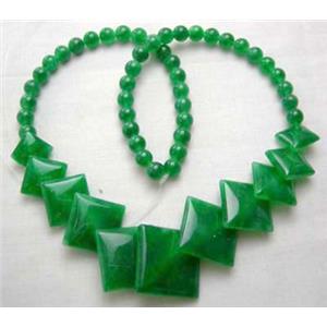 Green Jade Necklace, square, 16 inch long, 40cm length, big square:21mm, round beads:6mm dia [JADENK002]