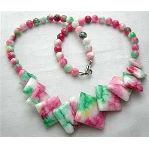 Jade Necklace, Square, Multi color, 40cm length, big square:21mm, round beads:6mm dia [JADENK003]