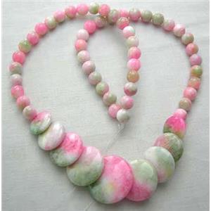 Jade Necklace, coin round, pink, 16 inch long, 40cm length, big Round beads:21mm, round beads:6mm d [JADENK005]