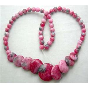 Jade Necklace, flat round, hot pink, 16 inch, 40cm length, big Round:21mm, round beads:6mm dia [JADENK006]