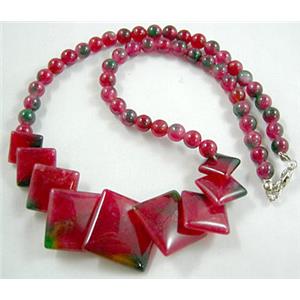 Jade Necklace, square, hot red, 16 inch long, 16 inchlength, big square:21mm, round beads:6mm dia [JADENK013]