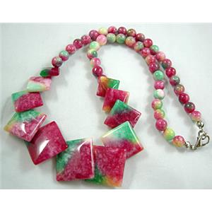 Jade Necklace, Square, Multi color, 16 inch, 16 inchlength, big square:21mm, round beads:6mm dia [JADENK014]