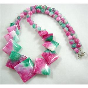 Jade Necklace, square, pink/green, 16 inch, 16 inchlength, big square:21mm, round beads:6mm dia [JADENK015]