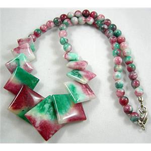 Jade Necklace, Square, Multi color, 16 inch, 16 inchlength, big square:21mm, round beads:6mm dia [JADENK018]